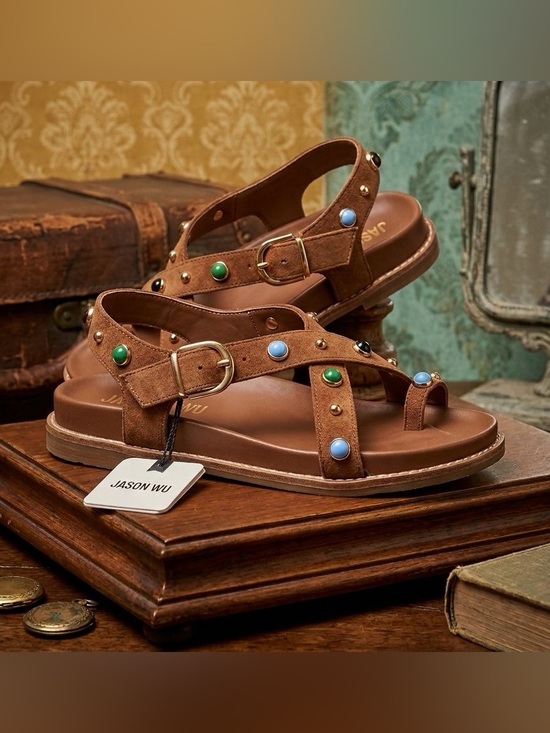 Jason Wu Shoes - JASON WU Tan Suede Crossover Sandals with Multicolor Studs